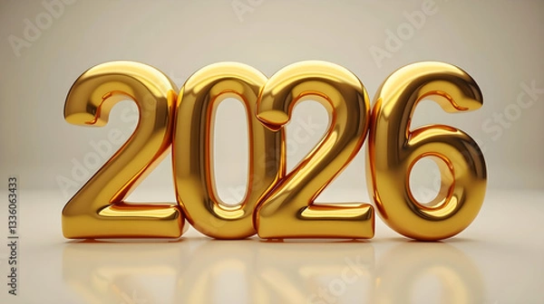 Fototapeta A large golden metallic 3D text 2026 on a transparent background, reflecting light with a shiny and glossy surface