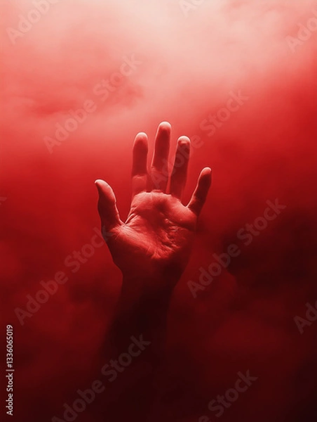 Fototapeta An open hand reaches up into a swirling red sky or cloud, conveying themes of reaching, hope, or even distress in an ominous atmosphere.