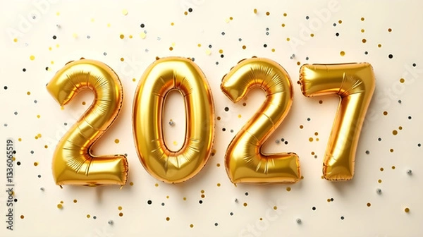 Fototapeta  A set of golden balloon numbers forming 2027 against a light background