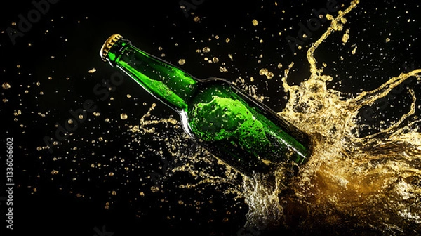 Fototapeta A green beer bottle with a gold cap is surrounded by a splash of liquid on a dark background.