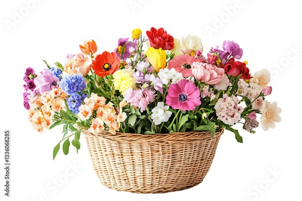 Fototapeta Colorful flower bouquet in wicker basket isolated on transparent background.