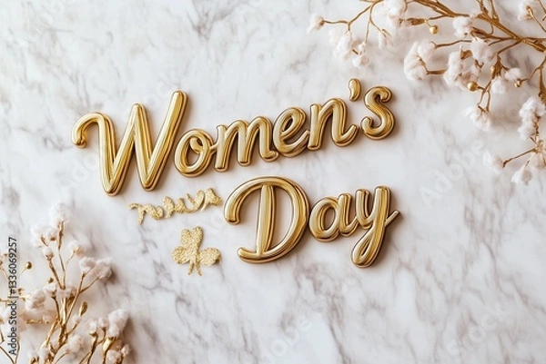 Fototapeta Golden 'Women's Day' Text on Marble Background – Elegant and Empowering Design