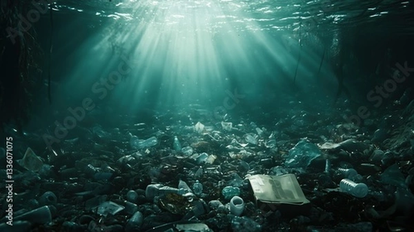 Fototapeta Underwater view of a sea bottom devastated by pollution, littered with plastic debris under sunlit waters