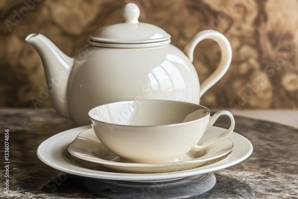 Fototapeta Elegant white ceramic tea set arranged on a marble table for design inspiration