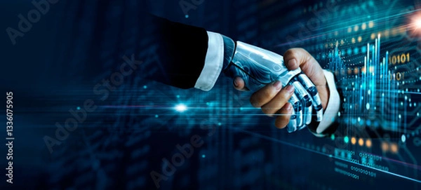Obraz Machine learning, Ai, Partnership of human and Artificial Intelligence for business growth in the future, Data exchange with ai for more accurate business analysis and planning, technology innovation