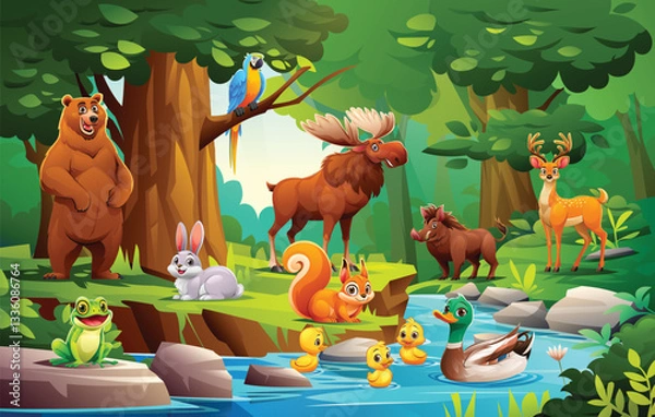 Fototapeta Jungle forest scene with bear, rabbit, moose, and more wildlife. Vector cartoon character illustration