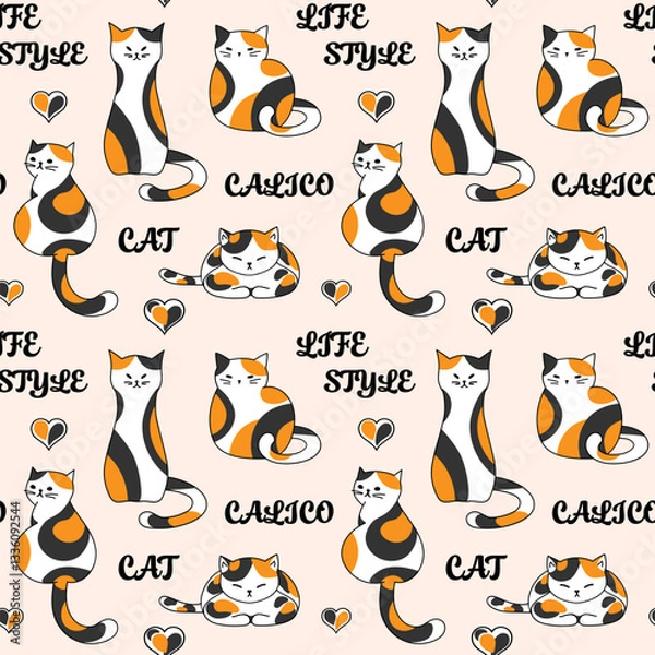 Obraz Cute calico spotted cats seamless vector pattern, design for textile print, wallpaper