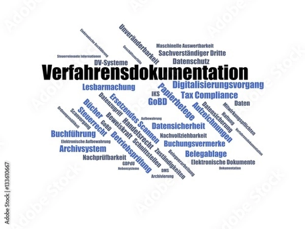 Obraz verfahrensdokumentation - Wortwolke ( word cloud, wordcloud ) mit Begriffen aus dem Bereich GoBD Verfahrensdokumentation.