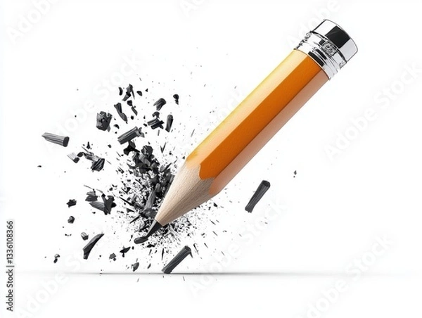 Fototapeta Yellow Pencil Exploding into Graphite Dust on White Background