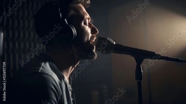 Fototapeta A passionate singer recording a song in a professional studio, showcasing his vocal talent and dedication to his craft.