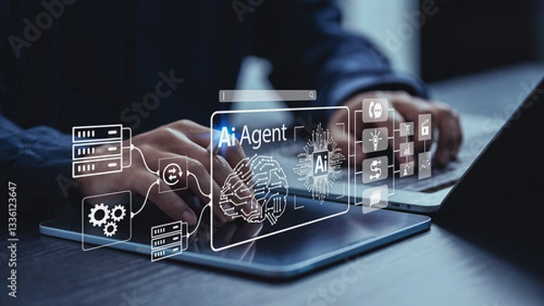 Fototapeta AI Agents Business Analyze Businesses Together with Al Assistants to Perform Tasks That Suit Their Goals, Such as Work, Education, Data Analysis, Sales, Content Creation, Payroll Processing, etc.