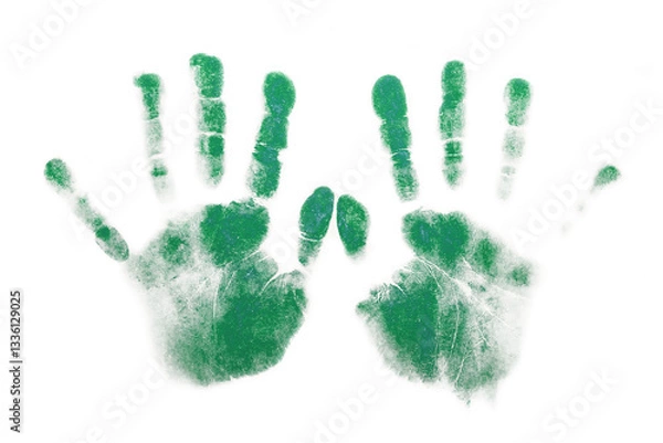 Obraz Green handprints on white background - symbol of ecology, creativity and self-expression. Abstract image of two green handprints on a clean white background. Concept of environmental protection.