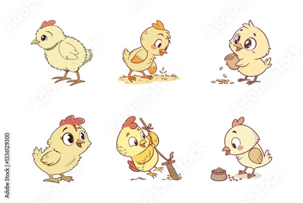 Fototapeta Cute chicks vector collection, cute chicks playing, cute chicks eating isolated on white background. icon set