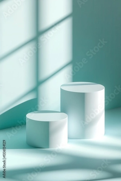 Fototapeta Empty white cylinder podiums in soft teal light