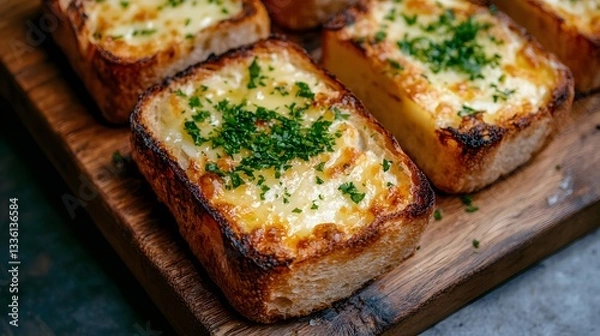 Fototapeta Rustic Toasted Bread Slices with Melted Butter on Wooden Board