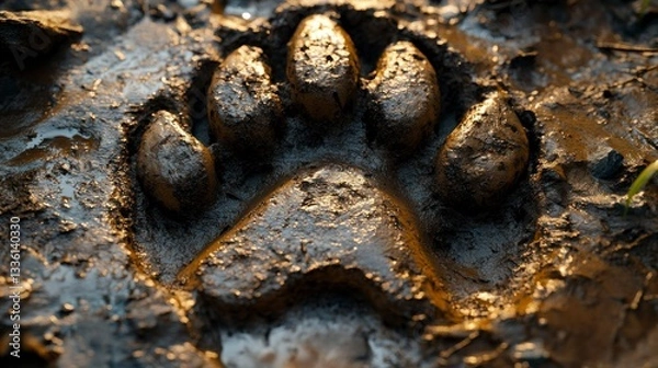 Fototapeta Exploring sabertoothed cat paw print in hardened mud natural environment high-resolution gigapixel view