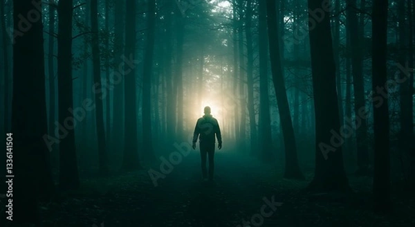Fototapeta Enigmatic Journey: A Solitary Figure Walks Towards a Glimmer of Light in a Mysterious Forest