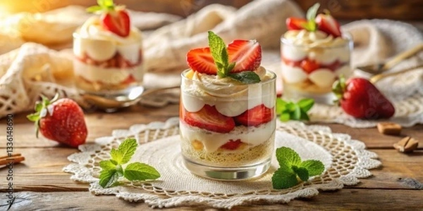 Obraz Layered Strawberry Dessert in Glass Cups with Whipped Cream and Mint Garnish on Rustic Wooden Table