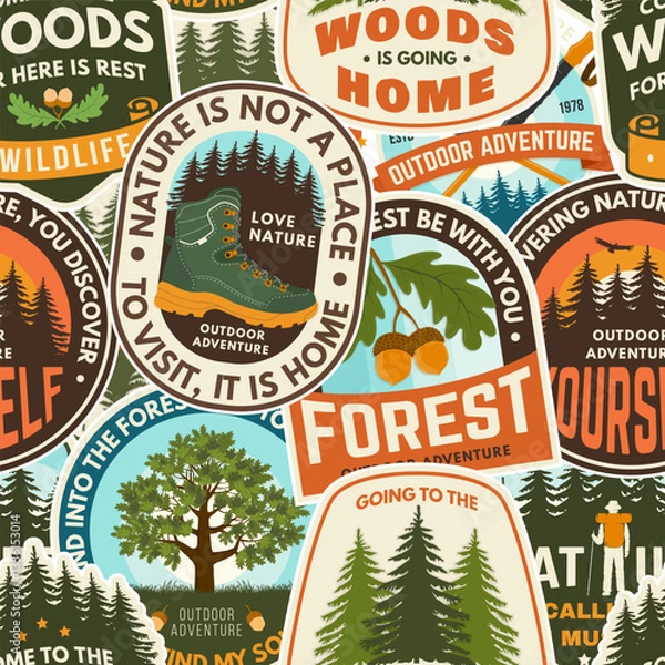 Fototapeta Seamless pattern with inspirational adventure quotes. Background, wallpaper, seamless pattern with oak leaf and acorns, pin forest, coffee or tea mug, hiking poles, deer. Vector illustration.
