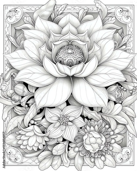 Fototapeta A beautifully intricate line art illustration of various flowers including a prominent lotus