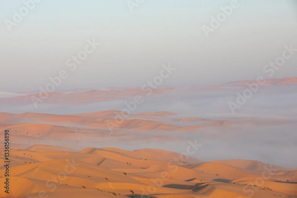 Obraz Sand dunes of Liwa desert in fog during sunrise hours.