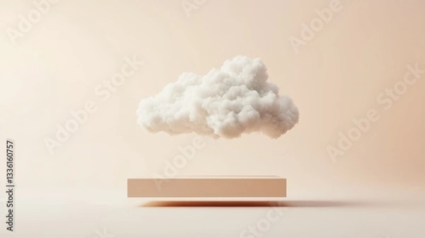 Fototapeta Minimalist cloud on beige pedestal, studio background, product presentation