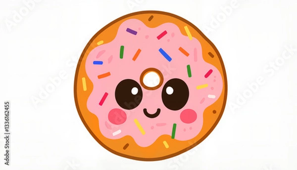 Fototapeta Kawaii smiling donut with sprinkles on white background, playful sweetness