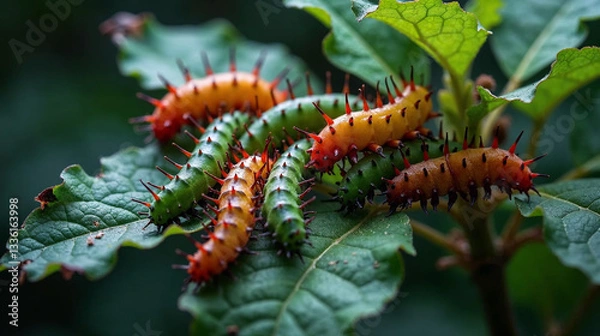 Fototapeta Vibrant caterpillars on leaf in lush nature setting