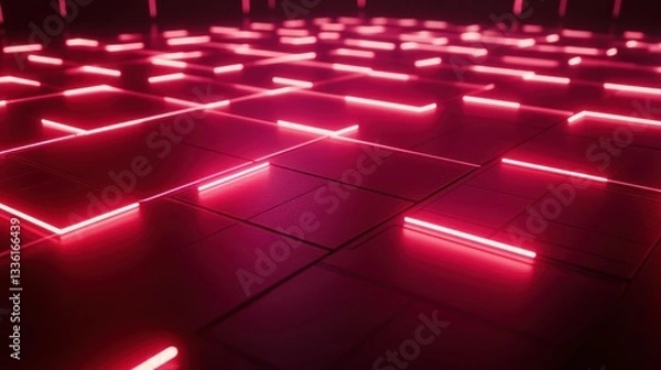 Fototapeta Abstract Neon Grid Floor, futuristic design, dark background