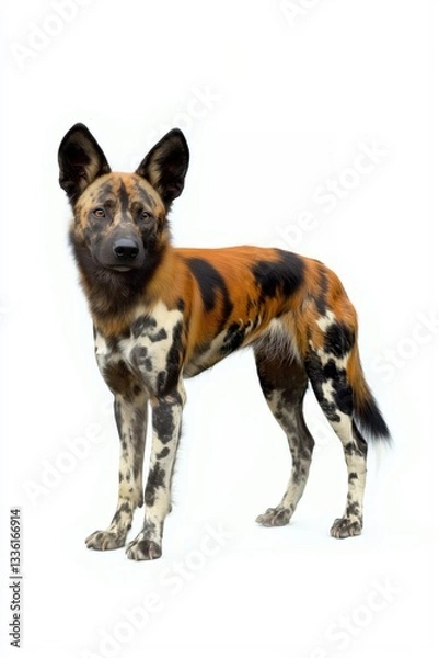 Obraz A striking portrait of an African wild dog, standing alert against a bright white background