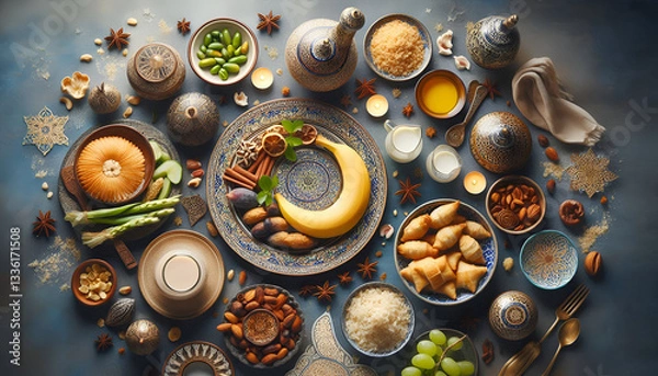 Fototapeta Traditional Iftar Feast with Fruits, Dates, and Decorative Table Setup