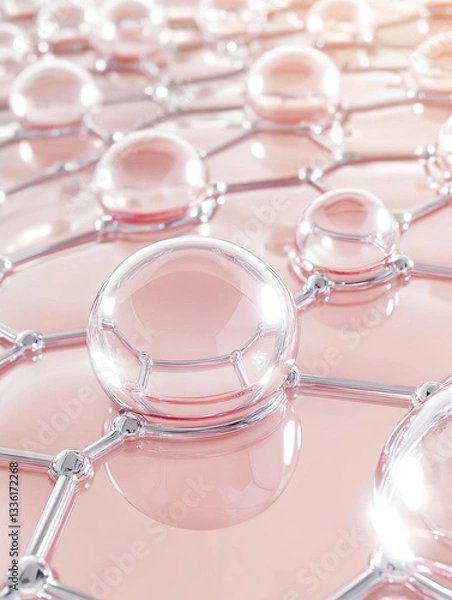 Fototapeta Close-up of transparent rose water liquid with pink-white hexagonal spheres, soft light accenting glossy texture and silver mesh backdrop, symbolizing skincare luxury, molecular science, modern elegan