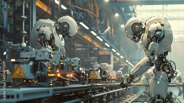 Fototapeta Futuristic robotic arms and cyborgs working on an intricate industrial assembly line in a high tech advanced manufacturing facility  The scene showcases the latest innovations in intelligence
