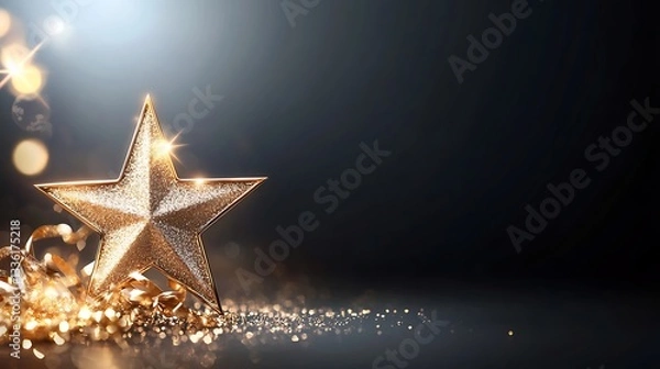 Obraz Golden star shape light on black background with light effect and sparkles. Luxury celebration award design template.