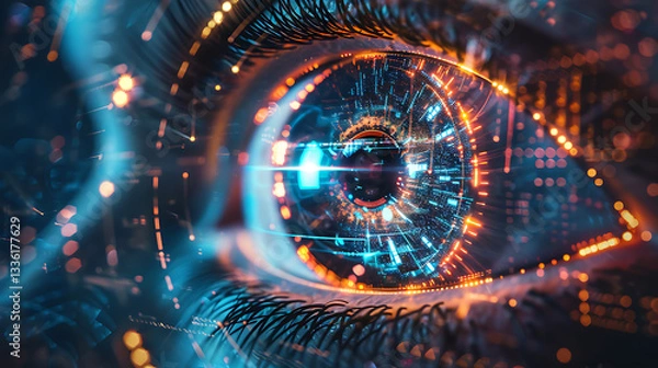 Fototapeta Futuristic Cyber Eye with Digital Interface and Neural Connections