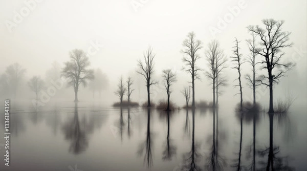 Fototapeta leafless trees reflecting in a misty lake
