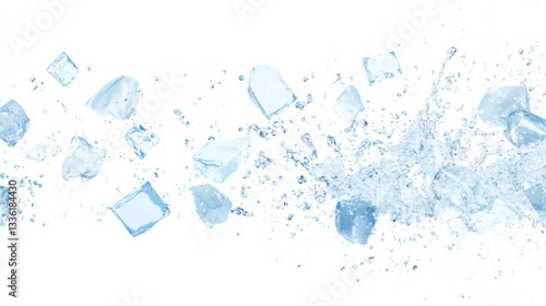 Fototapeta Ice cubes with water splash and drops. Cold mineral water, natural aqua or cocktail drink realistic vector splashes or frozen motion ripples ice cubes. beverage, soda isolated white background
