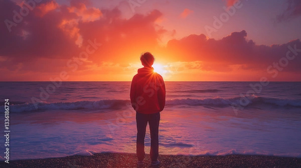 Fototapeta scene captures a young man and peaceful sunrise as first rays of light emerge over horizon illuminating calm sea and symbolizing start of a fresh day and mental health