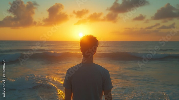 Fototapeta scene captures a young man and peaceful sunrise as first rays of light emerge over horizon illuminating calm sea and symbolizing start of a fresh day and mental health