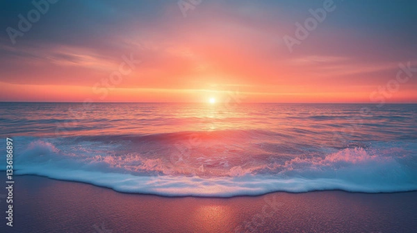 Fototapeta scene captures a peaceful sunrise as first rays of light emerge over horizon illuminating calm sea and symbolizing start of a fresh day and mental health