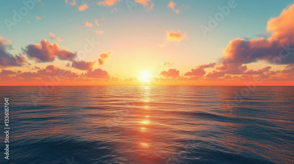 Fototapeta scene captures a peaceful sunrise as first rays of light emerge over horizon illuminating calm sea and symbolizing start of a fresh day and mental health