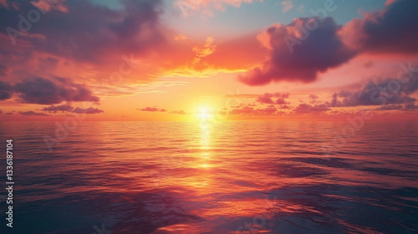 Fototapeta scene captures a peaceful sunrise as first rays of light emerge over horizon illuminating calm sea and symbolizing start of a fresh day and mental health