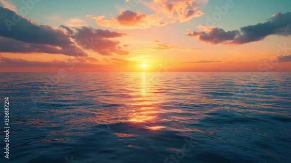Fototapeta scene captures a peaceful sunrise as first rays of light emerge over horizon illuminating calm sea and symbolizing start of a fresh day and mental health