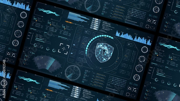Fototapeta Blue digital security shield with head up display (HUD UI) and circuit panel futuristic abstract background network firewall technology and data secure