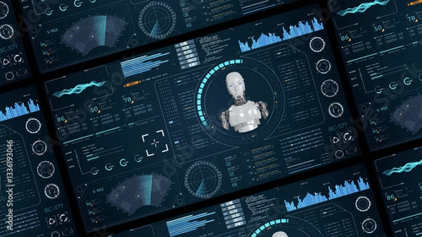 Obraz Blue digital robot head with head up display (HUD UI) and futuristic technology abstract background artificial intelligence and assistant machine learning
