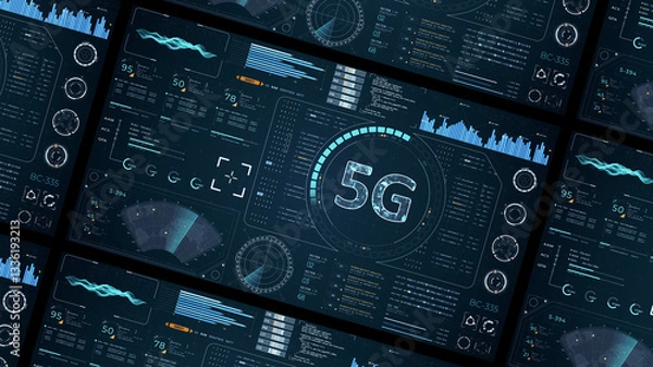 Fototapeta Blue digital 5G letter logo with head up display (HUD UI) panel and futuristic technology abstract background generation of connection