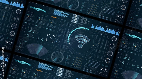 Obraz Blue digital WIFI logo with head up display (HUD UI) panel and futuristic technology abstract background data transfer and Wireless Fidelity connection