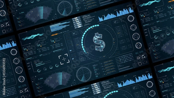 Fototapeta Blue digital money logo with head up display (HUD UI) panel and futuristic technology abstract background crypto currency finance and digital money