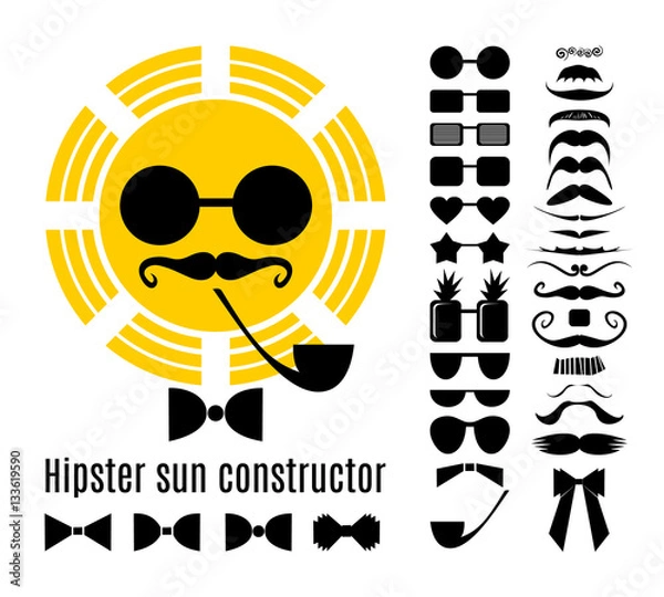 Fototapeta Hipster style infographic elements and icons set for retro sun design. Hipster sun constructor with collection of  mustaches, glasses, bow ties and a pipe. Set for summer design. Vector illustration