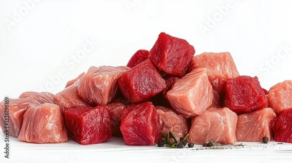Fototapeta Cubes of raw beef meat isolated on white background